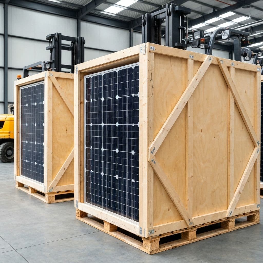 Paneles solares empacados para envio a Cuba
